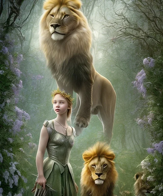 Young beautiful girl a wearing floral crown and standing next to a stunning lion on nature forest path, Chronicles of Narnia, movie poster, 8k resolution, high-quality, fine-detail, iridescent, intricate, digital art, detailed matte, volumetric lighting, beautiful, illustration, 3D octane render, brian froud, howard lyon, selina french, anna dittmann, annie stokes, lisa parker, greg rutowski,