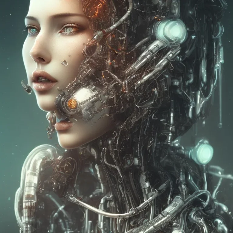 wonderfull portrait only woman half face robot rust, long black hair, intricate, sci-fi, cyberpunk, future,