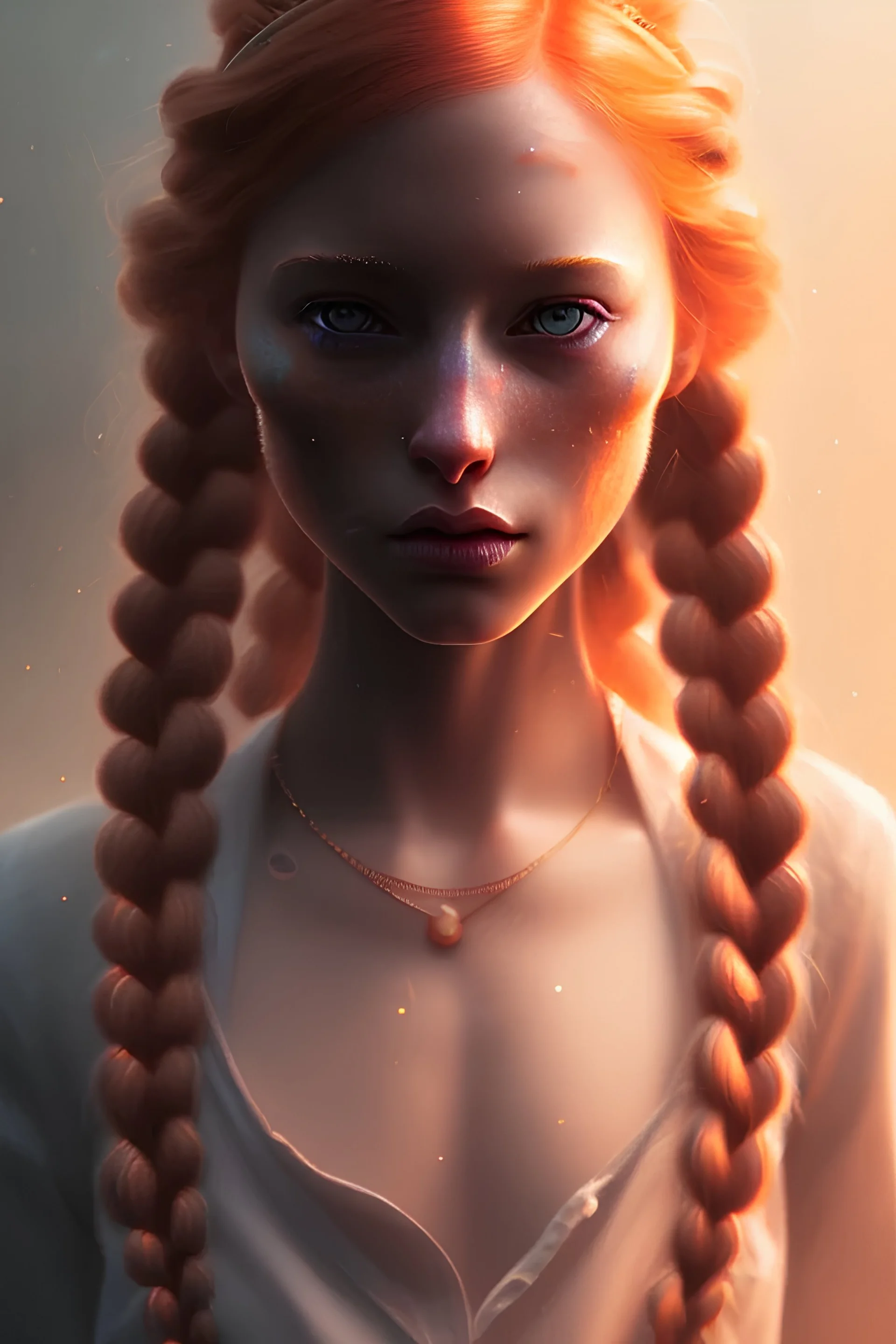 girl, cute, beautiful, orange hair, two braids, wild bangs, blue eyes, big eyes, freckles, long eyelashes, pink lipstick, thin lips, small nose, Gillian from Practical Magic, 8k resolution concept art portrait by Greg Rutkowski