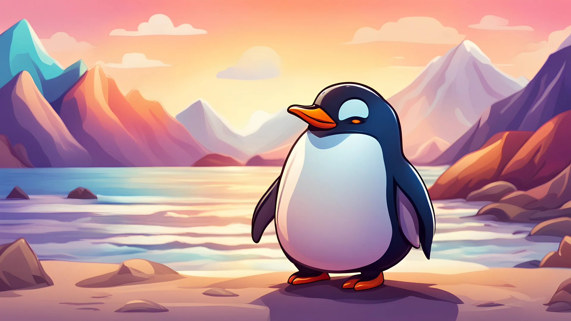 A little penguin on the seashore with colorful mountains behind him, smiling with a beautiful sunset and childish colors in a cartoon style.