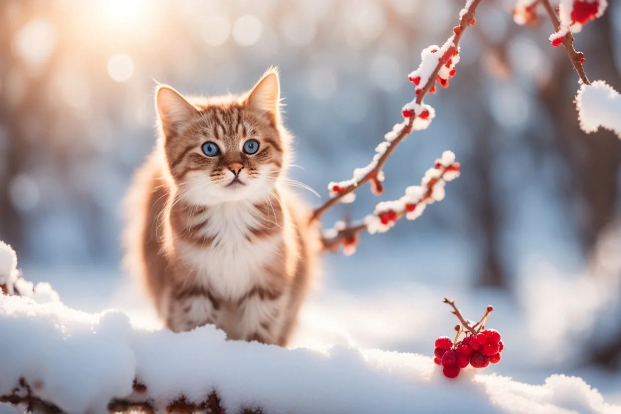 A beautiful colourful little cat catches a red berry while standing on a snowy branch in sunshine, ethereal, cinematic postprocessing, bokeh, dof