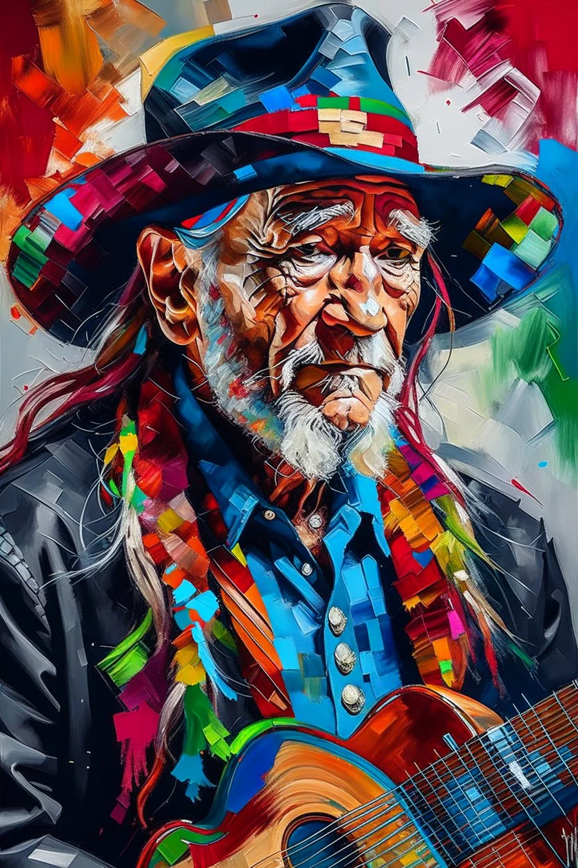 captivating conceptual painting of the iconic rock star, Willie Nelson, rendered in a vibrant and abstract art style. The background is a swirling, chaotic mix of artistic strokes that evoke a sense of rebellion and energy. The overall composition is a celebration of creativity, movement, and the essence of rock 'n' roll., vibrant, painting, conceptual art