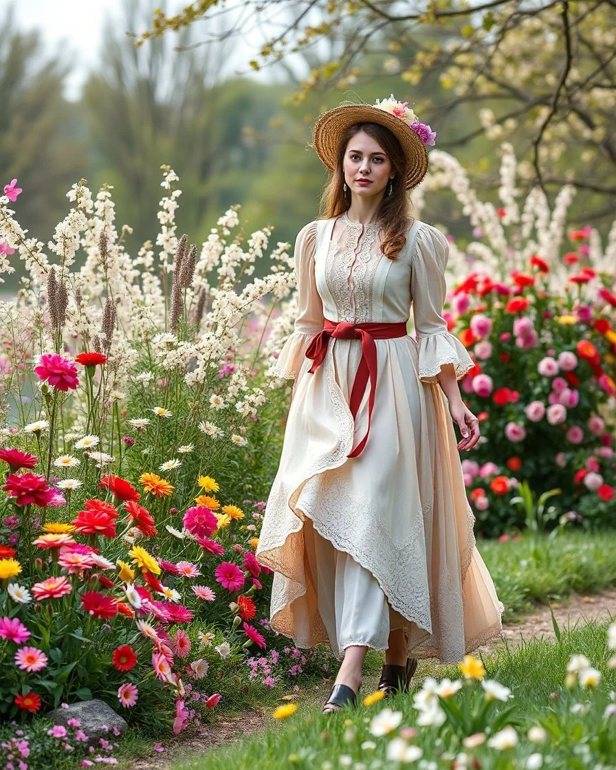 create a video , in a pretty nature of conuntry side a big mas of ramdom pretty flowers fall down and a beautiful lady in victorian clothing comes out and walks with cute in the flowers garde