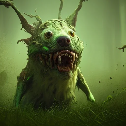 Dog, monster, green, horror, teeth, gore, blood, masterpiece, expert, 8K, hyperrealism, sharp focus, cinematic lighting