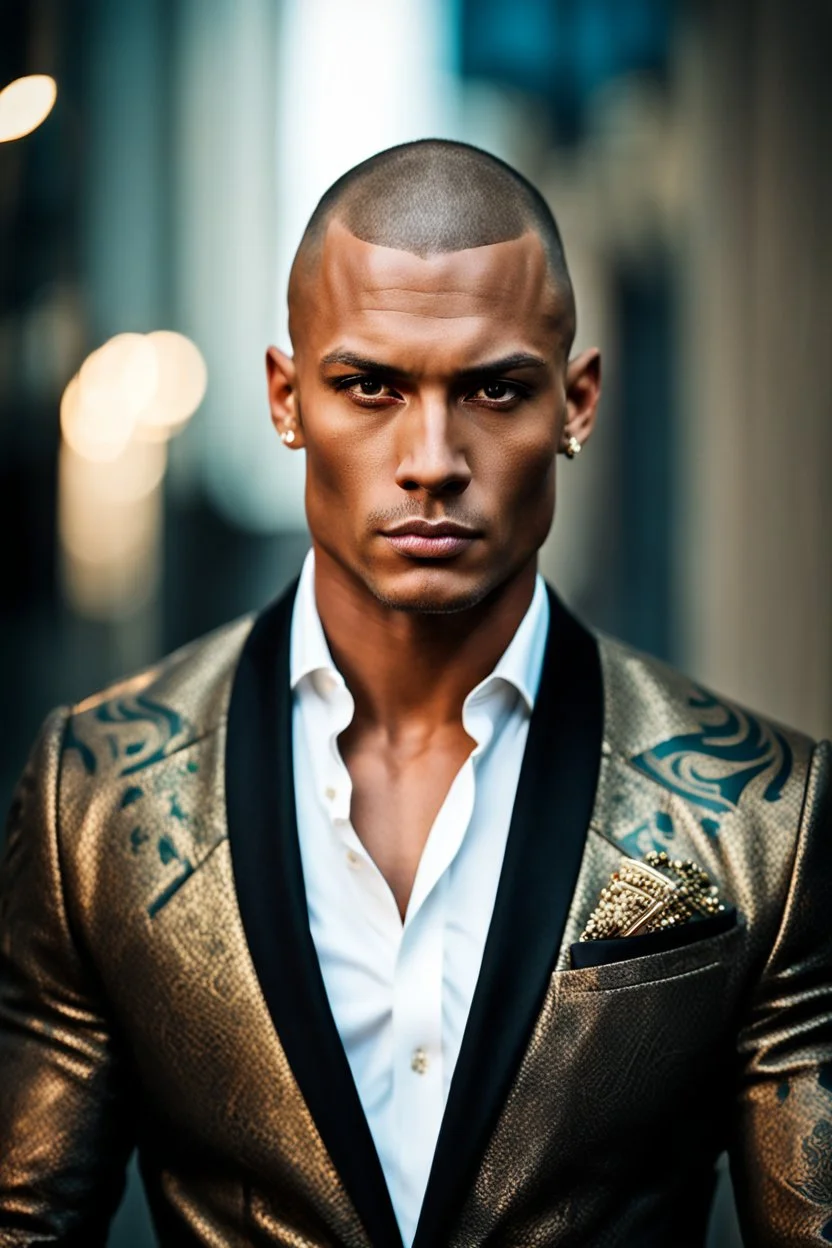 portrait of a 35 year old Handsome muscular male with light bronze skin adorned with tattoos. buzz cut hair. wearing an expensive suit. photorealistic