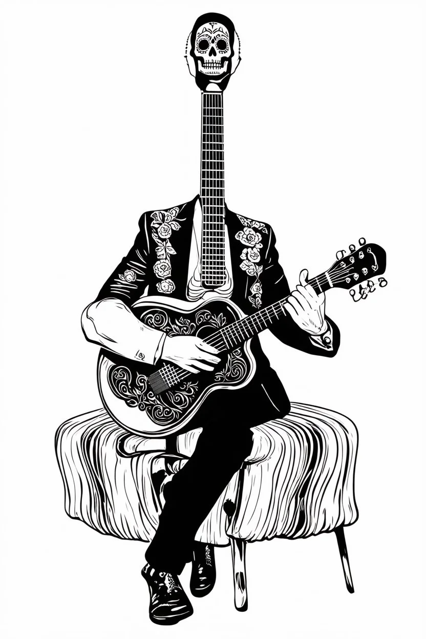 black and white graphic Old acoustic mariachi guitar day of the dead