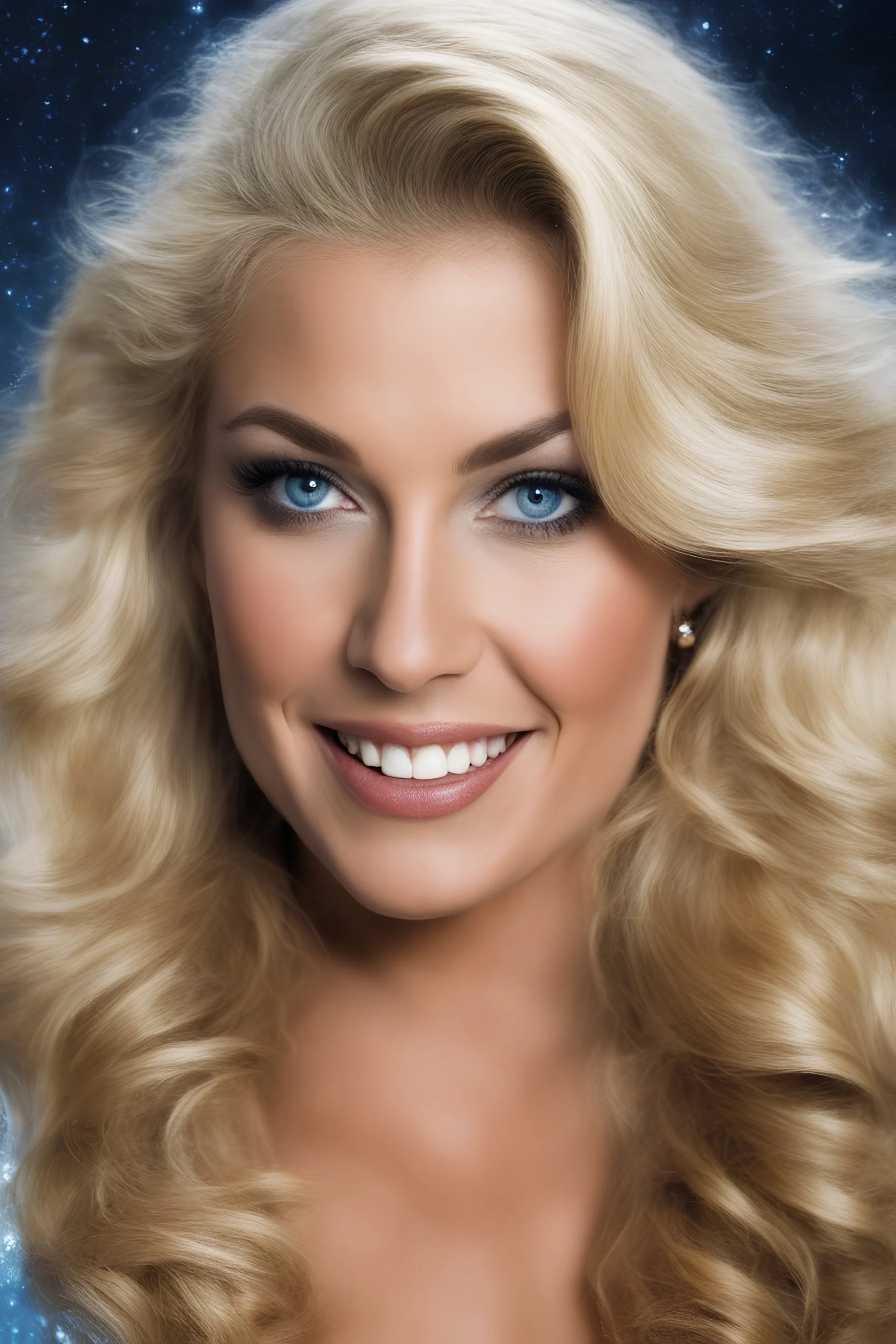 full color, facial portrait, smiling Heather Thomas with (((Blonde Hair))), (((blue eyes))), 32k, UHD, Professional Photo -- Botany - Starry - Retro Pop - Dark Fantasy - Horror - Festive - Realistic - 32k, UHD, professional quality, 8 x 10 digital photograph