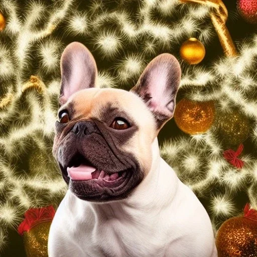 Portrait of a smiling french bulldog with brown fur celebrating new year and christmas