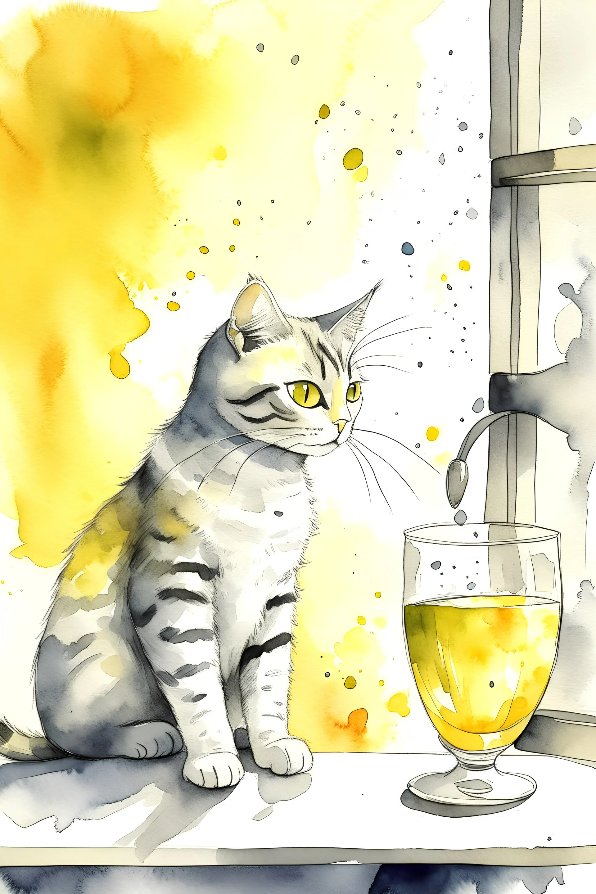 painting of a cat that is touching a glass of water with its paw, the cat is in the center of the picture taking up only one third of the image, in watercolour, in the background a yellow wall with a window and curtains, splatter, art, aquarell, pastell, ink, soft, negative space around the outside of the picture, white outlines