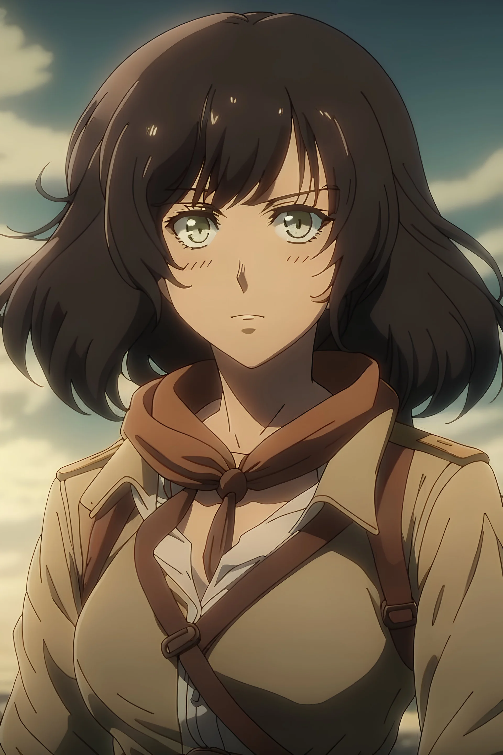 Attack on Titan screencap of a (female) (with (body description aka Black curly hair with bangs ,skin tone is warm beige , eye color is dark , face shape is A long, sharp-featured face, Scenery is (beautiful, intense, warm, nighttime, etc.). (He/she) is wearing a (outfit of choice). (WIT/MAPPA) Studios (season 1, season 2, season 3, season 4) screencap.