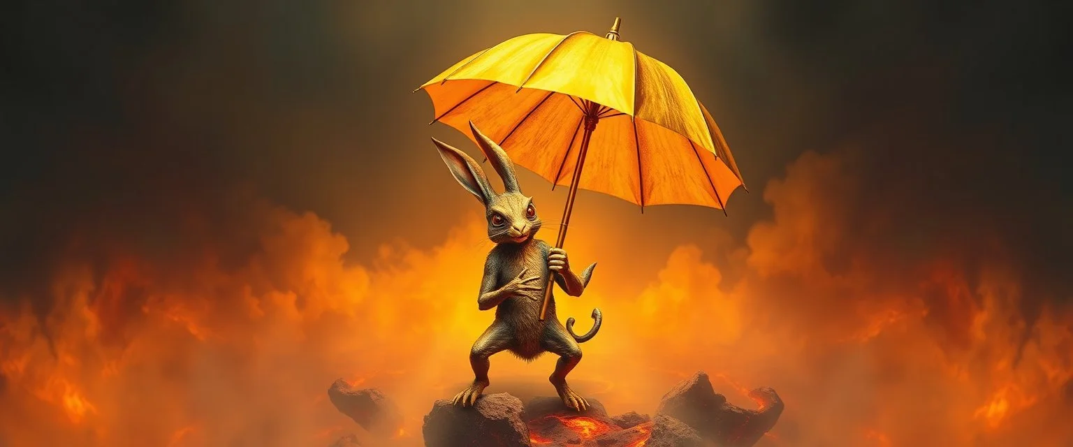 smite by god was the evil hare gremlin man holding a golden umbrella in a pool of smoke and lava in the style of Escher and Giger.