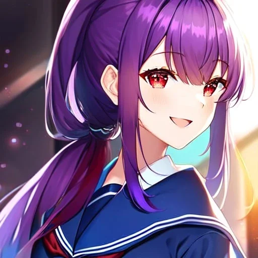 girl, masterpiece, best quality, volumetric lighting, detailed outfit, perfect eyes, long hair, purple hair, red eyes, twin low ponytail, school outfit, laughing,