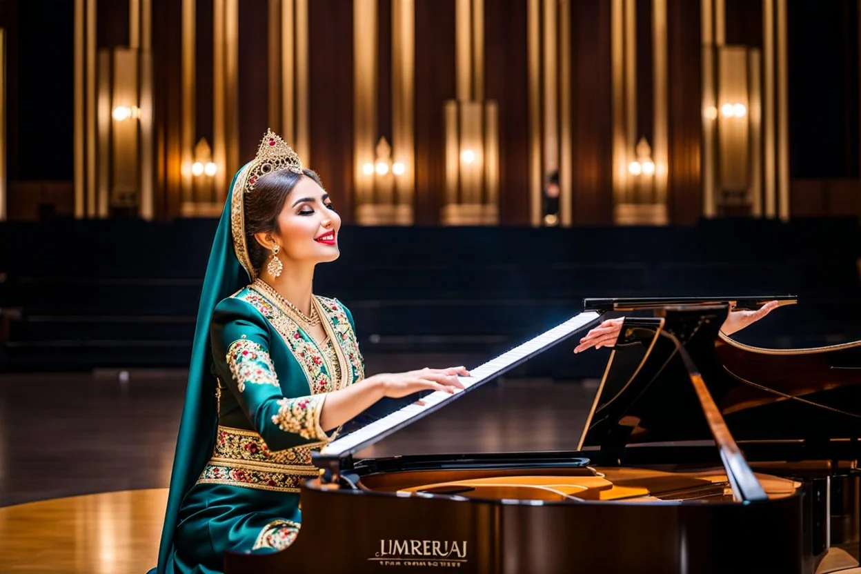 یک زن آذربایجانی زیبا با لباس محلی سنتی، در حال نواختن ساز قوپوز در یک تالار کنسرت مدرن و لوکس.