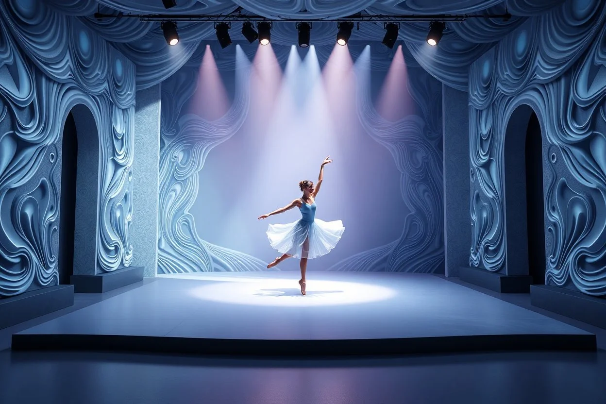 modern stage with gray-blue theme artistic decoration , color full dynamic lighting, a beautiful ballerina dancing, 3D recursive fractal structure animating background