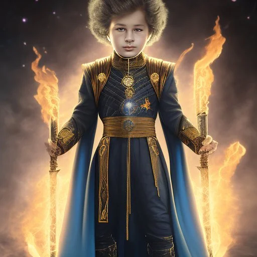 A 25 years boy persian in matte black robes with flaming eyes with grin with flaming light blue pupils stands atop a squire Two infinity gauntlets contain six infinity stones, one of which is made with nano In the hands of a powerful man walking While standing on a majestic height from afar With two big wings