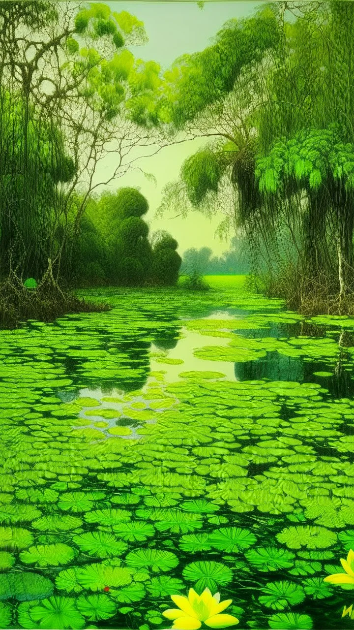A lime green leafy savanna near a swamp designed in Mehndi design painted by Claude Monet
