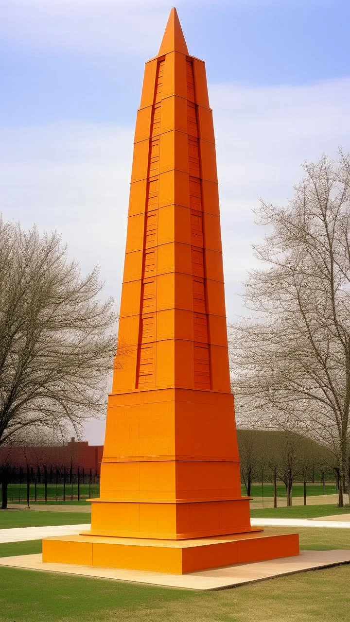 An orange colored technologic obelisk painted by Frank Lloyd Wright