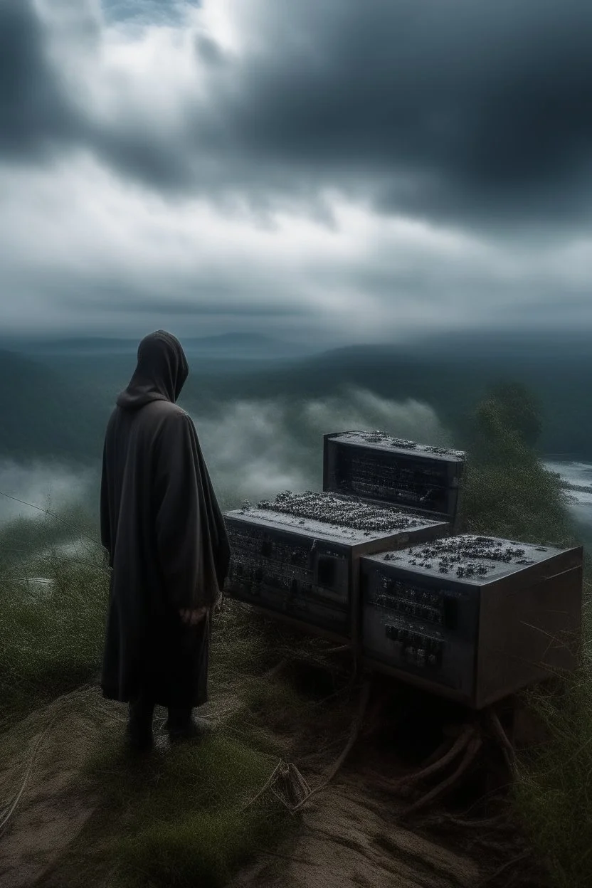 A hooded man standing on tbank of a torrent of river and clouds from far away gothic theme