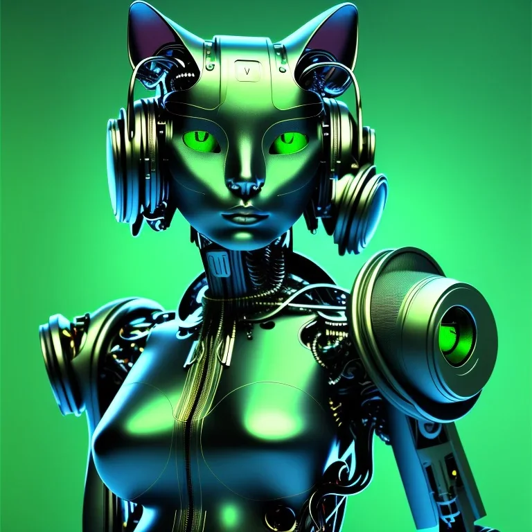 A beautiful portrait of a cyborg cat green color scheme, high key lighting, volumetric light high details psychedelic background