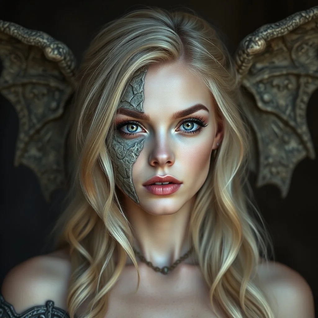 a portrait of an attractive blonde fantasy woman whose face is half human and half stone gargoyle