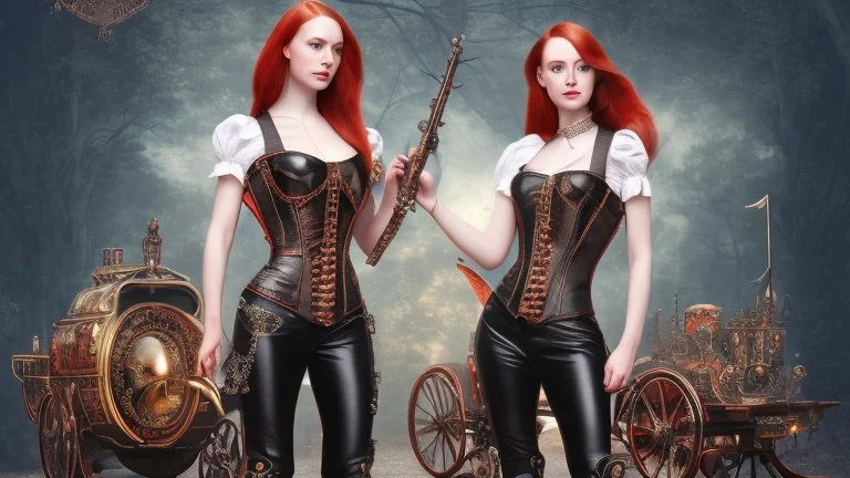 body portrait of a woman with straight shoulder-length red hair, with metal arms and legs, dressed in leather trousers, and a waistcoat, in a Victorian street next to a steampunk carriage, full colour