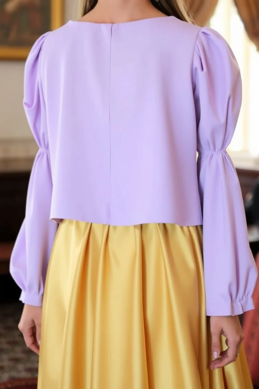 Нижнее платье более легкое золотого цвета. Поверх было блио сиреневого цвета, рукава в стиле рукава Марии.