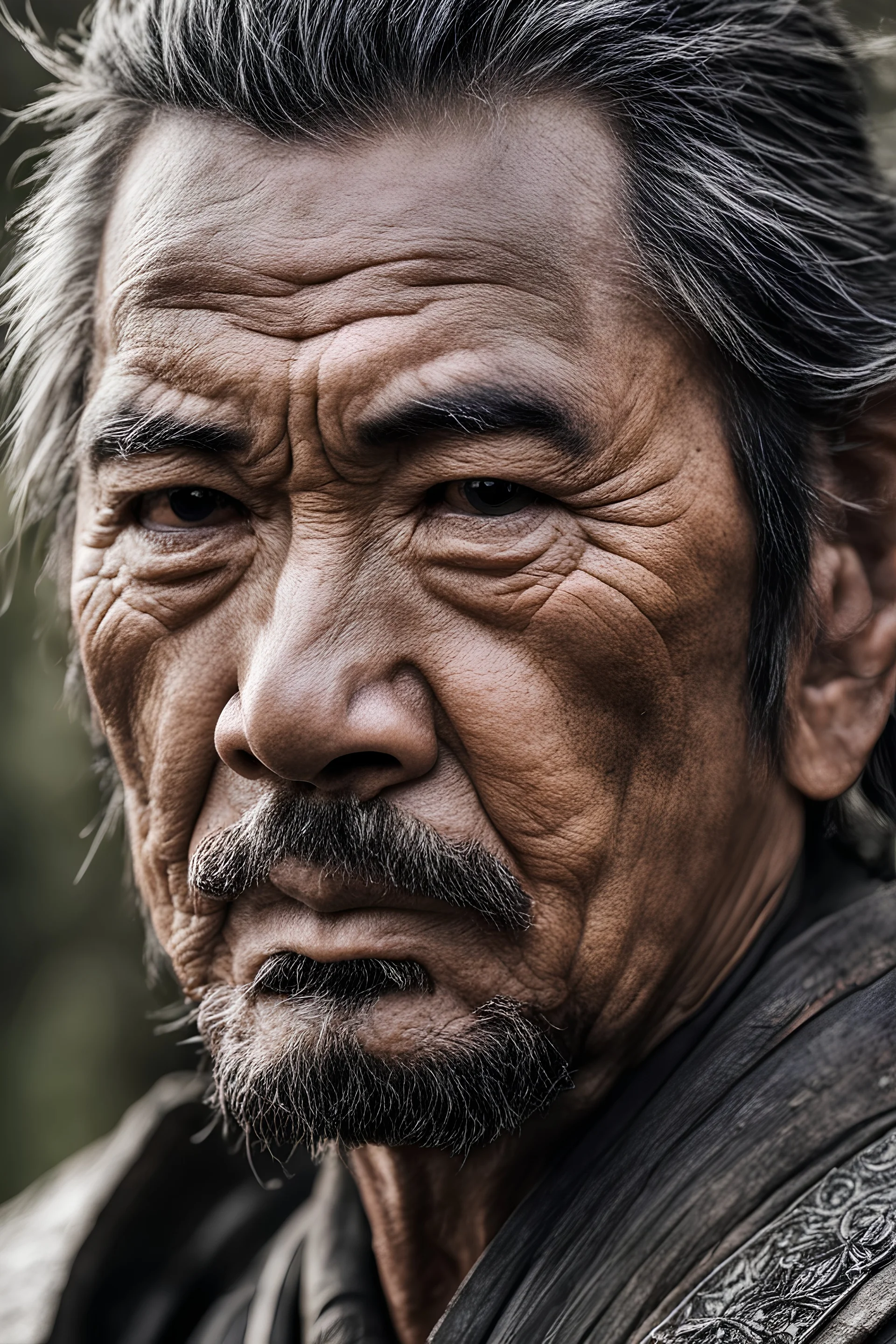 A close-up portrait of a weathered samurai warrior, with scars and wrinkles etched on his face, showcasing the wisdom and experience of a life dedicated to the way of the sword. [Weathered Warrior, Scars, Wrinkles, Wisdom, Experience, Battle-Hardened, Close-Up, Resolute]