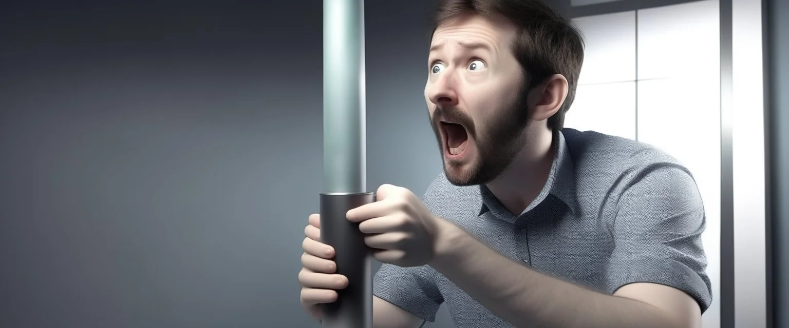 scared man sticks his arm into teleportation device for testing