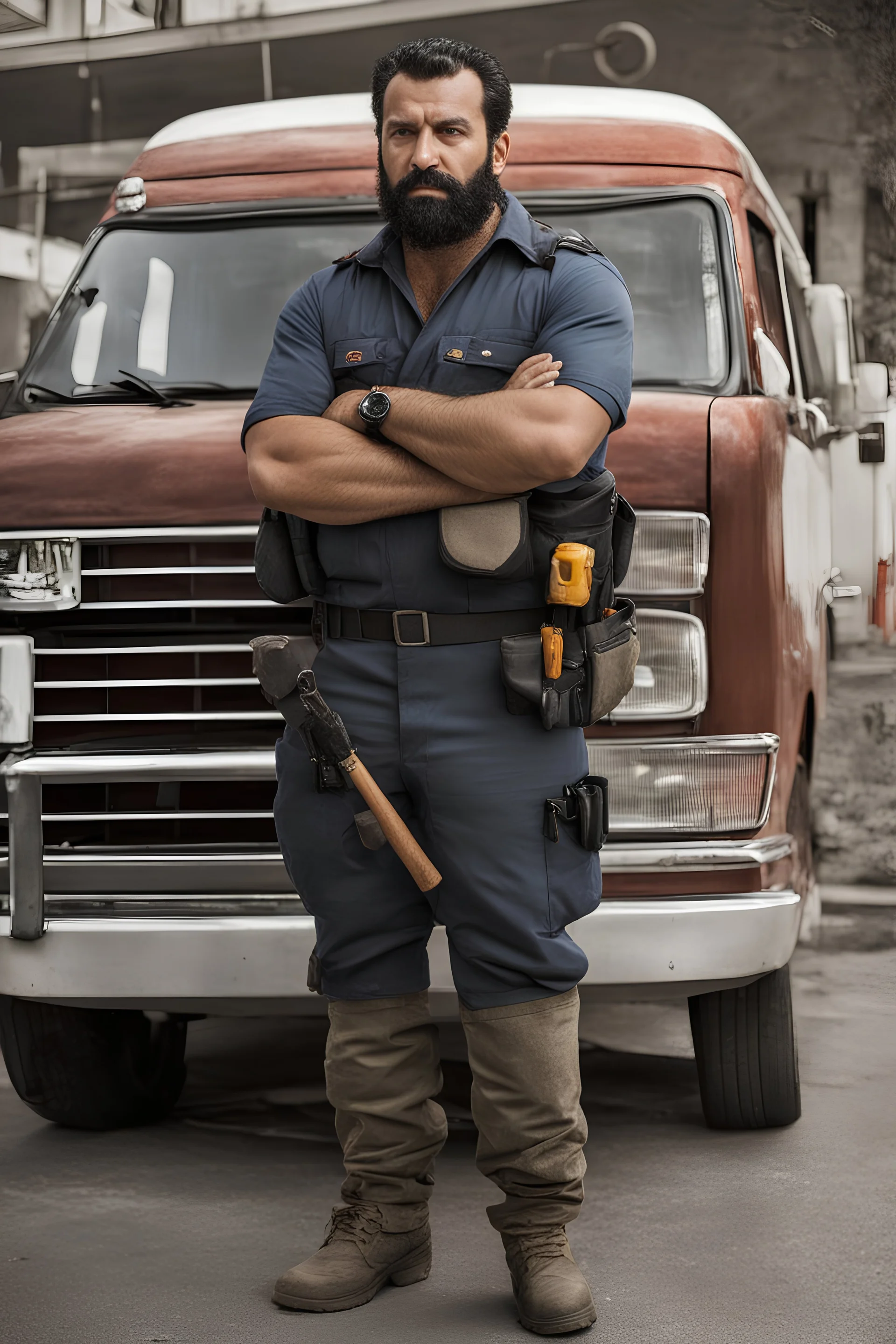 half figure photography of a 38 year old beefy burly turkish plumber, wearing his work unbuttoned uniform, bulge, leaning with his back to his van, arms folded and angry look, , hairy chest, big belly, very virile, long black beard, very short hair, sweat, , in a sunny street, photorealistic