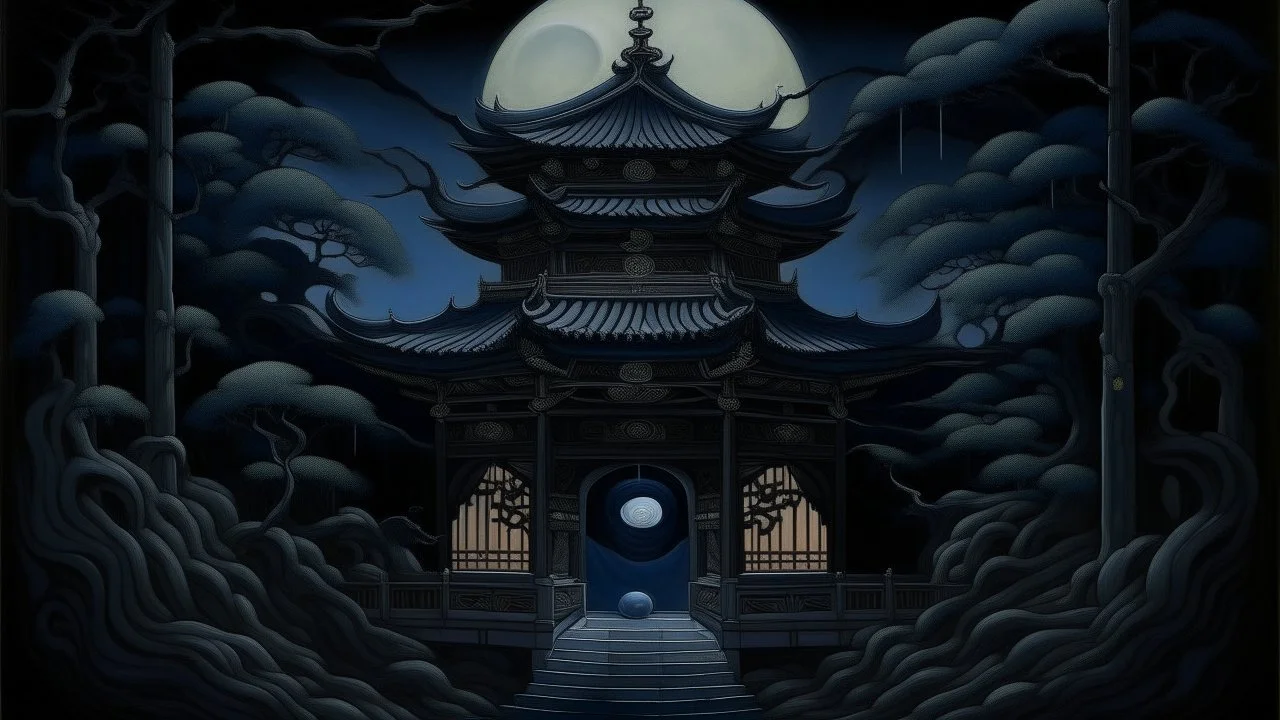 A dark bluish black shadowy temple with a moon squid painted by Hashimoto Gaho