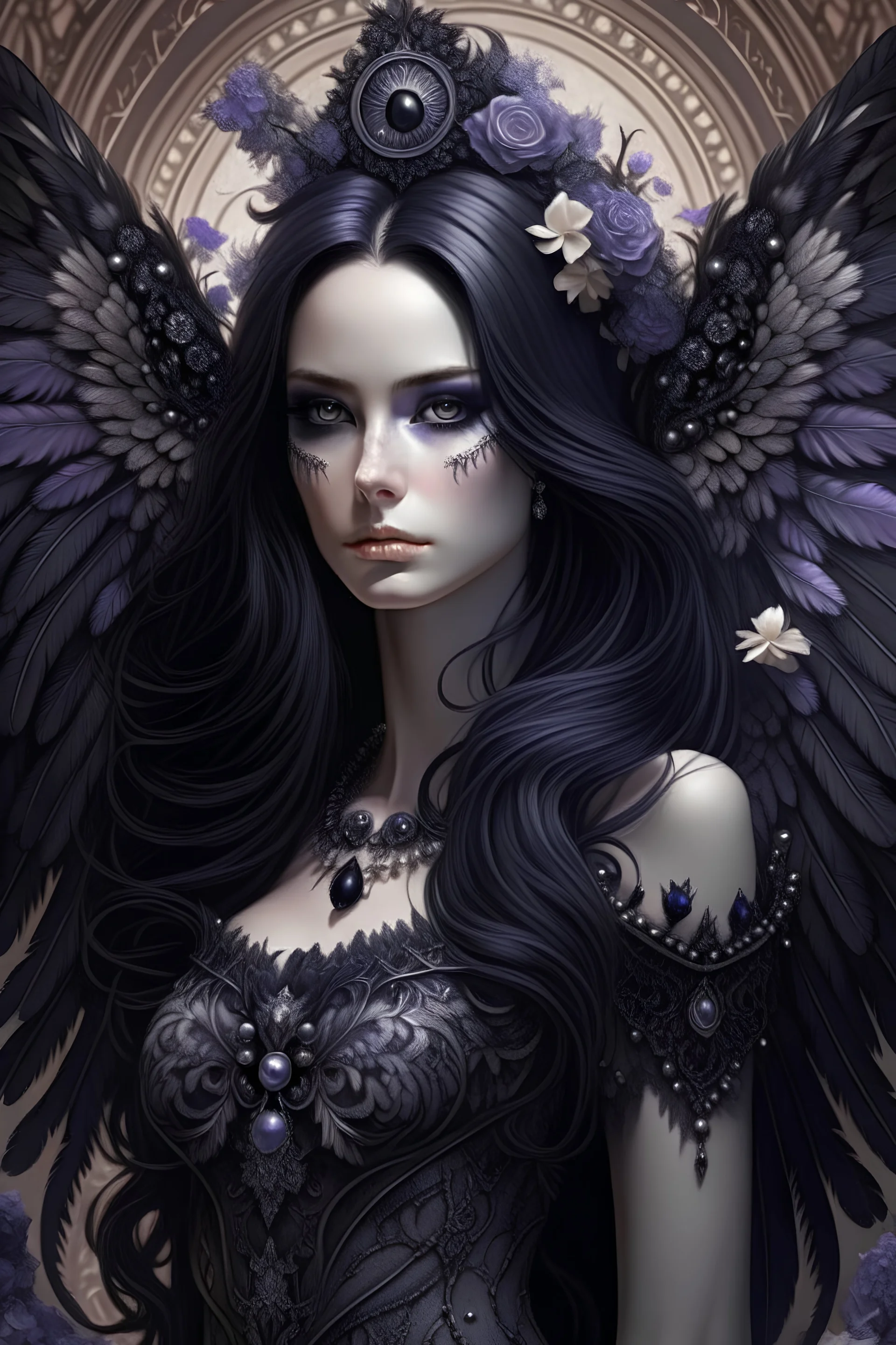 Beautiful Seraphim black angel portrait textured feathers ribbed with black pearls i, white crystals n the long black hair, textured butterfly pattern embossed art nouveau black and violet costume extremelmly detailed intricate 8 k organic bio spinal ribbed detail of floral embossed art nouveau background resolution epic cinematic maximálist concept art
