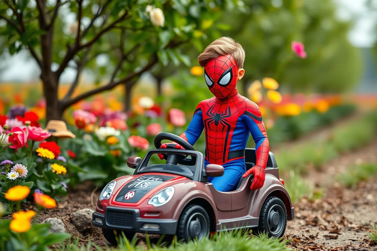 A beautiful boy in exact Spider man caracter standing in a toy car in a flower and tree farm