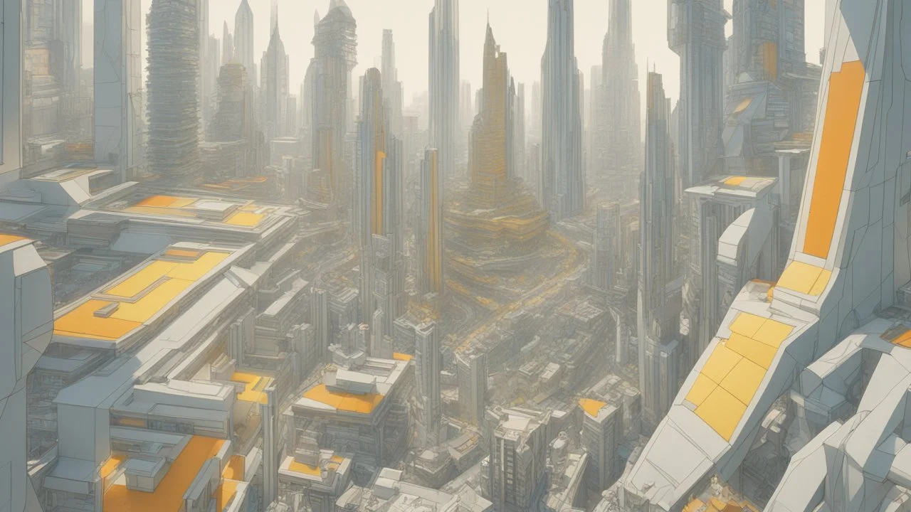 A futuristic cityscape with tall, angular skyscrapers and unique architectural structures in varying shades of grey, yellow, blue, green and orange, the buildings have intricate designs and patterns, creating an architecturally avant garde visual appearance.