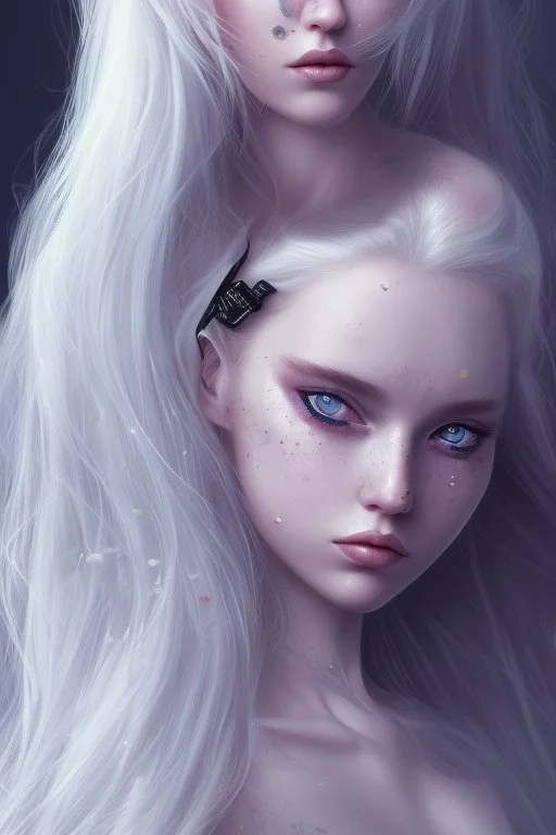 A beautiful young woman with long white hair and blue eyes, pale skin with opal freckles. Wearing a black dress