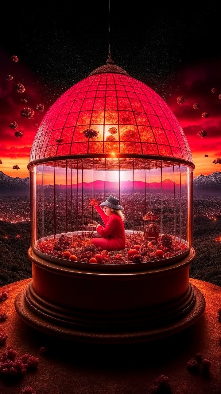 full shot of happy dandys eating cherries in a floating glass dome, dreamlike atmosphere, in the background the landscape burns like hell, in the style of Rafael di Sanzio