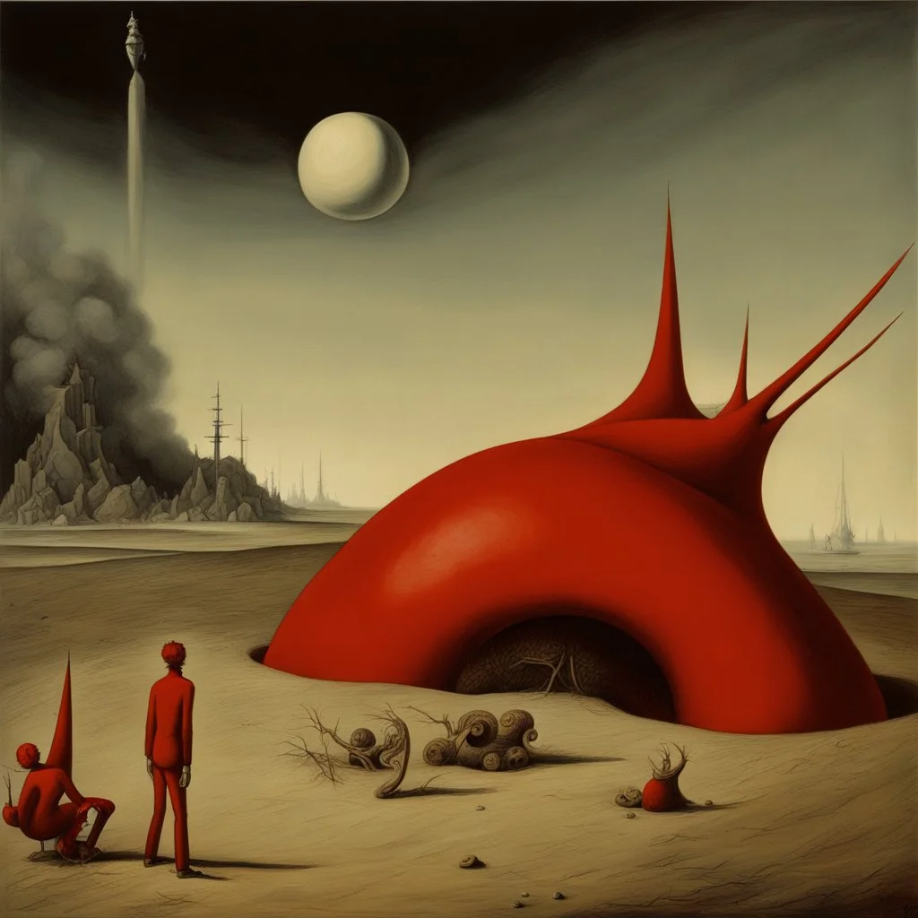 Odd open space, metaphysical, giant red object, very detailed, person, Yves Tanguy