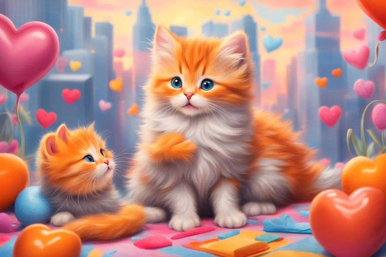 a fluffy orange kitten makes friends with a cute gray mouse on Valentine's day, happy vibe studio lighting fantastic view colourful very cute Lisa Frank richard scarry