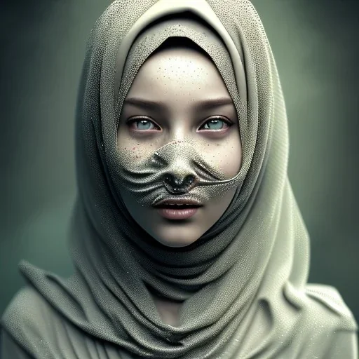 blowing dust, fog, dissolving woman's face, wearing hijab, fine detail, highly intricate, modern surrealism painting, defined cracks and breaks, high-quality, volumetric lighting, 8k, ultrahd, George Grie, Marco Escobedo, Igor Morski,Brian Froud, Howard Lyon, Selina French,