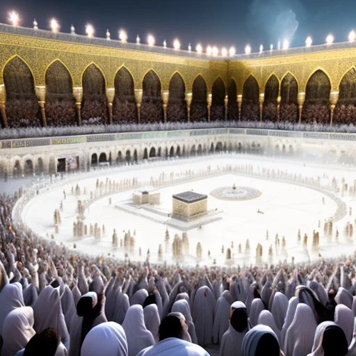 The scene in Mecca: People wearing white Ihram clothes, men without head coverings, women with veils, circumambulating around the Kaaba, and above them are transparent white spirits of children, men, and women with wings revolving around the Kaaba.