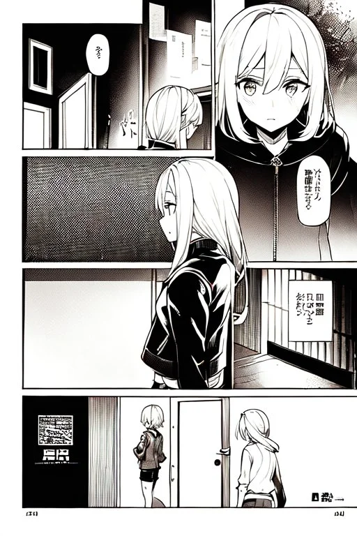 blonde girl with short jacket and shorts runs in a corridor in front at a mystery door, back view, manga page, grayscale