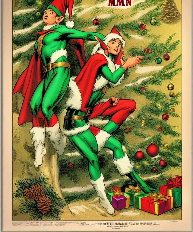 two elves. woman and man. Christmas scene. poster. marvel comic. low-key