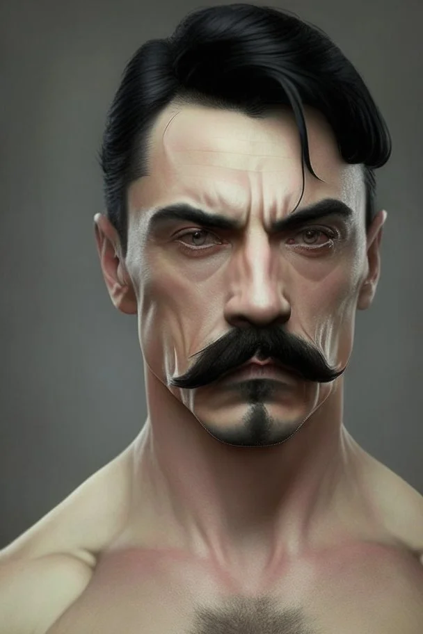 short wirey lean muscular trimmed goatee moustache sterm serious short black hair pale skin