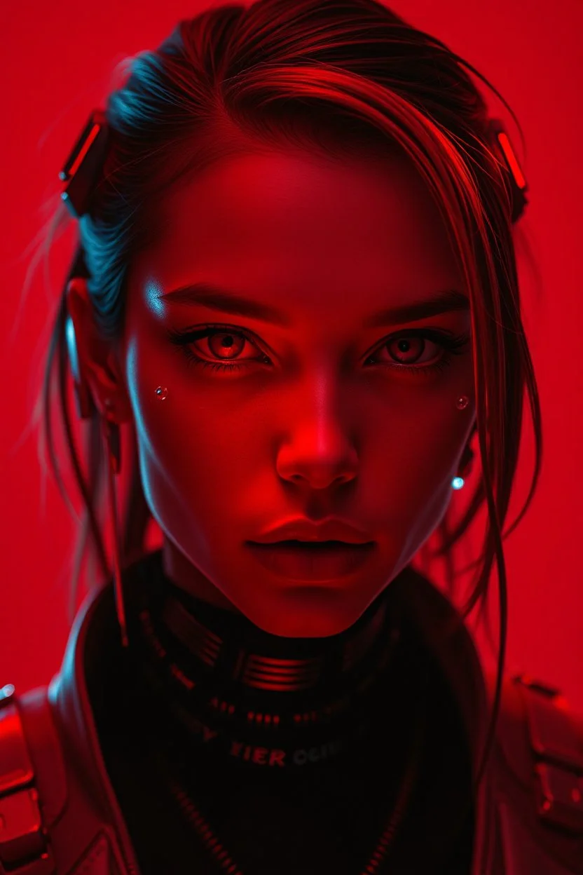 A cyberpunk portrait with a red light reflecting in their cybernetic enhancements.red background all are red