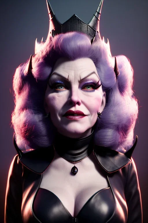 Mae West as evil queen in black leather, leather, busty, cleavage, angry, stern look. character design by cory loftis, fenghua zhong, ryohei hase, ismail inceoglu and ruan jia. unreal engine 5, artistic lighting, highly detailed, photorealistic, fantasy