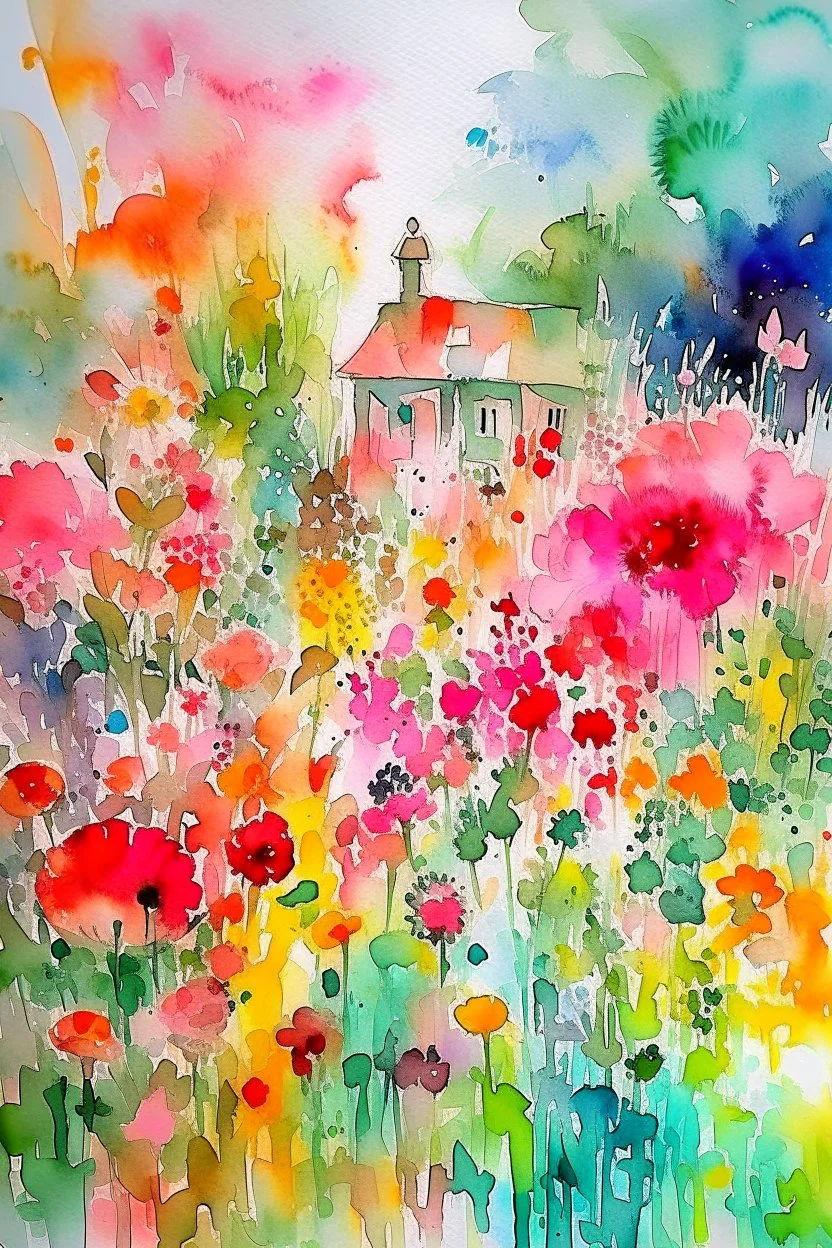 abstract watercolour english cottage garden in the style of jean haines, centred