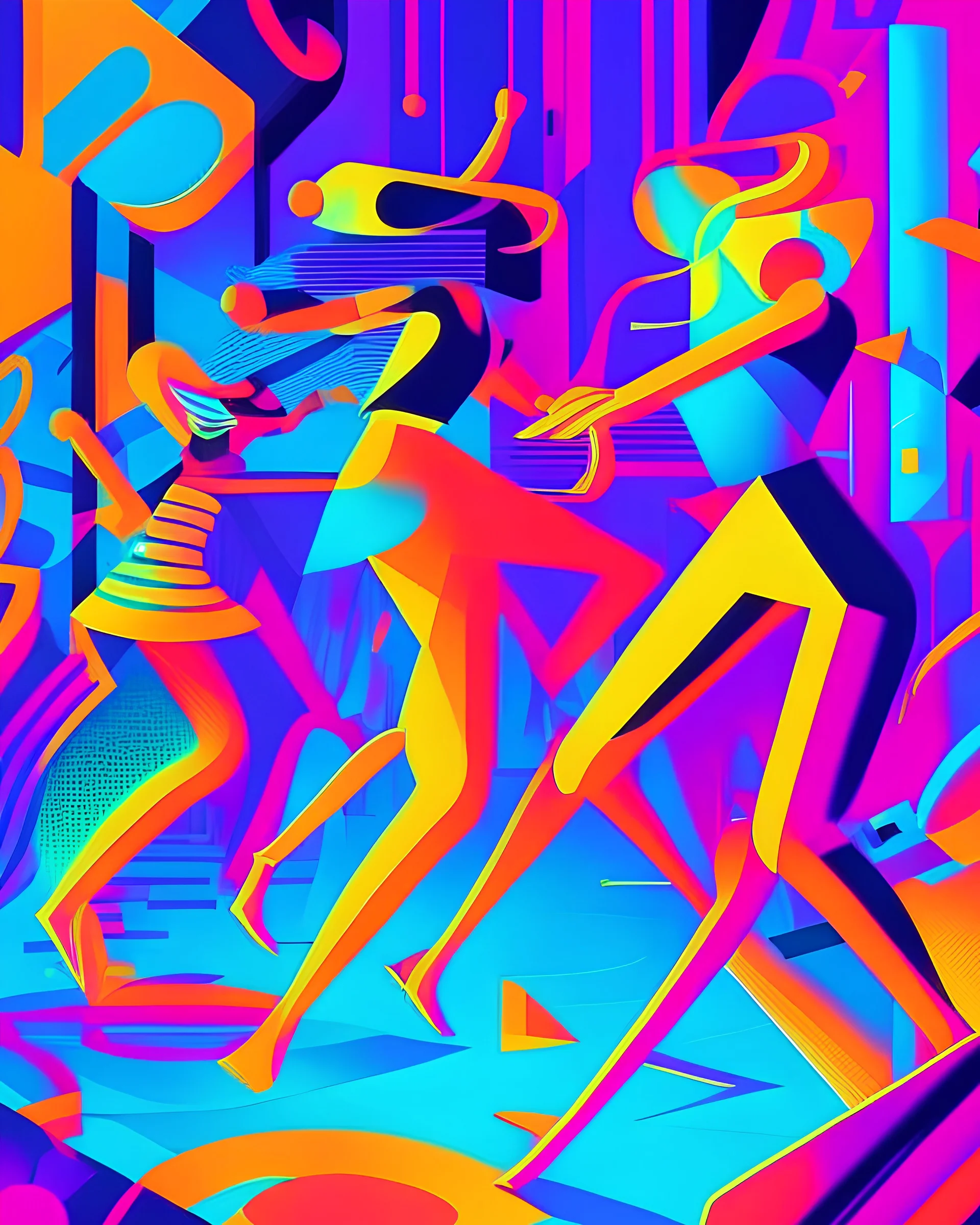 A vibrant and energetic dance party taking place in a neon-lit, futuristic nightclub, in the style of colorful vector art, bold geometric shapes, fluid character movement, and eye-catching patterns, 10K resolution, inspired by the works of Malika Favre and Olimpia Zagnoli, capturing the essence of nightlife and human connection.