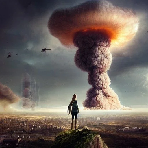 view from behind of girl on hill watching massive nuclear mushroom cloud, war-torn ruined city below, ultra-realistic, detailed matte, sharp, crisp, 3D octane render, 8k, high-quality, fine-detail, brian froud, howard lyon, selina french, anna dittmann, annie stokes, lisa parker, greg rutowski,