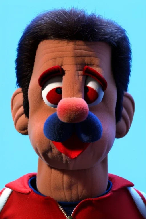 Waist up muppet Portrait, Nicolas maduro us muppet doll, Venezuelan president, tracksuit red blue and yellow, mustache, photo studio, red background, unreal engine 5, concept art, art station, ray tracing, lumen lighting, ultra detail, volumetric lighting, 3d.