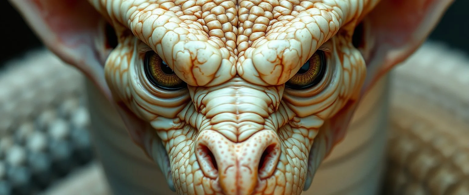 close up portrait of high serpent judge with smooth grainy skin fine pores and real skin texture, clear transparent skin, wise eyes, hairy macho gremlin disco albino limbo