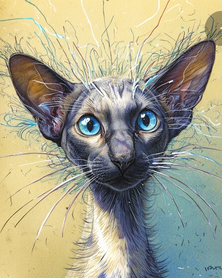Create a vividly realistic visual composition to conceptually complement A whimsical, wacky Oriental shorthair chocolate point Siamese with blue eyes and a delightfully scattered and unkempt coat, sporting long strands of hair that stick out in every direction, as if electrified by static, its whiskers twitching with mischief, while its ears perk up with an air of sly secrecy, the cat's body appears to be whispering away from itself, as if its very essence is being slowly sucked out, leaving beh